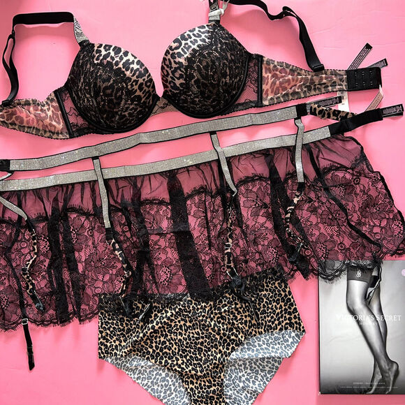 Victoria's Secret 36C BRA SET+garter Skirt+Panty BLACK LACE ANIMAL SHINE STRAP